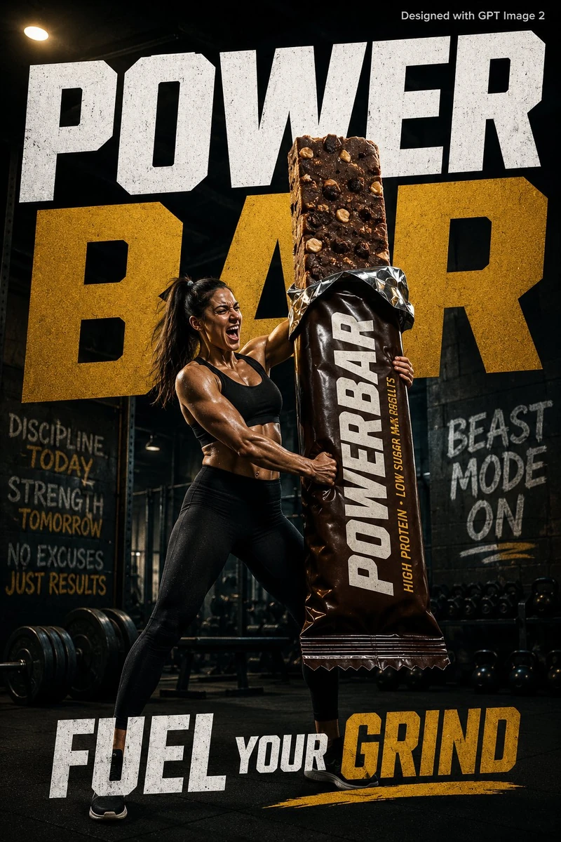 Gym poster of woman with giant protein bar