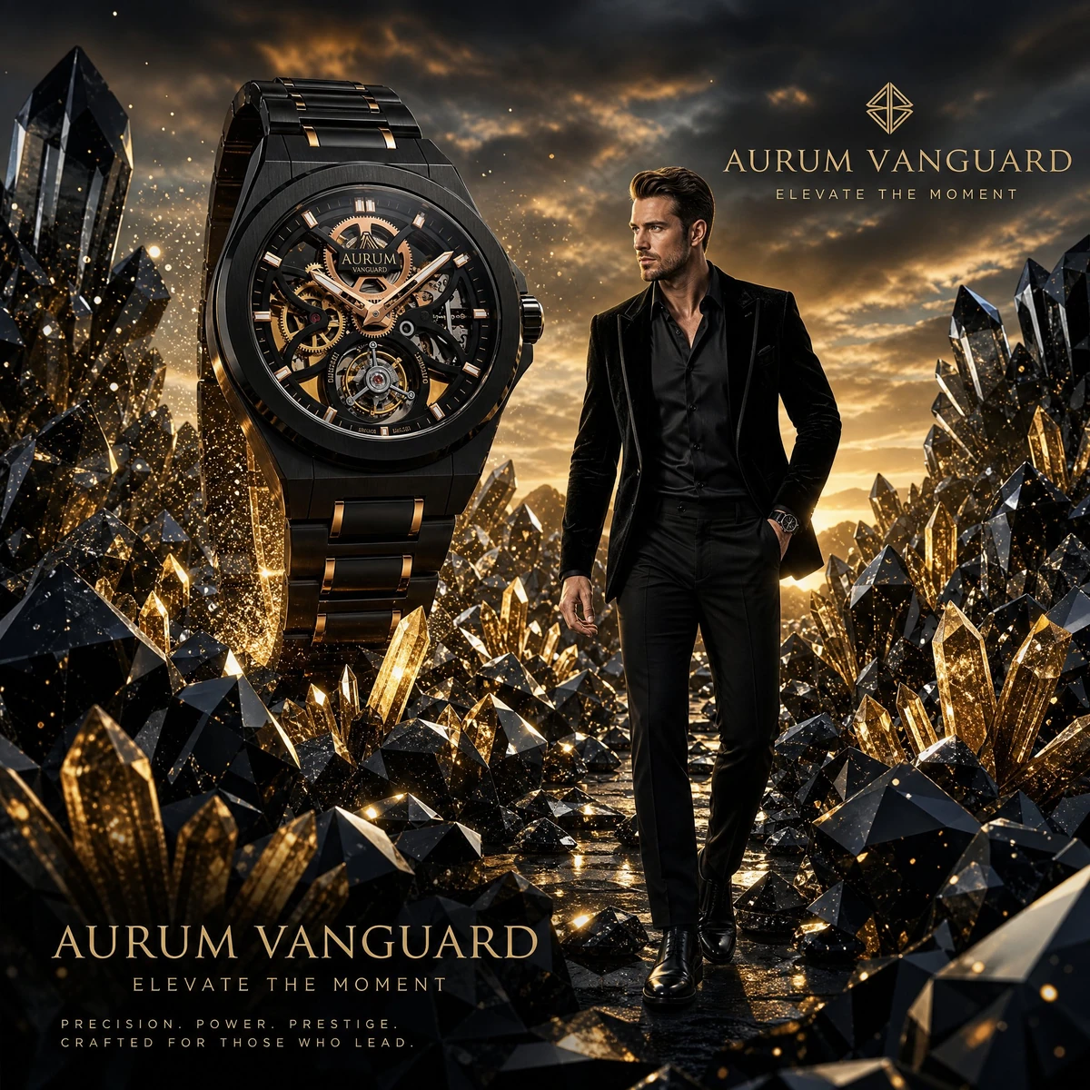 Poster of luxury watch rising from black diamonds