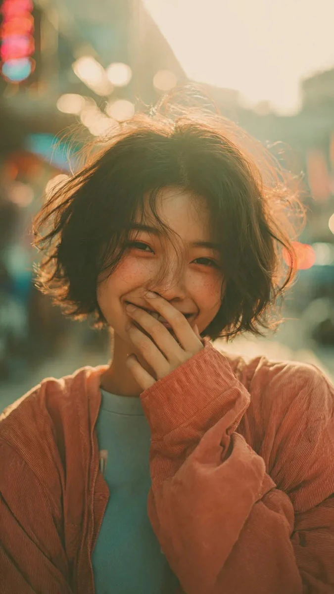 Cinematic portrait of a young woman with short messy bob hair